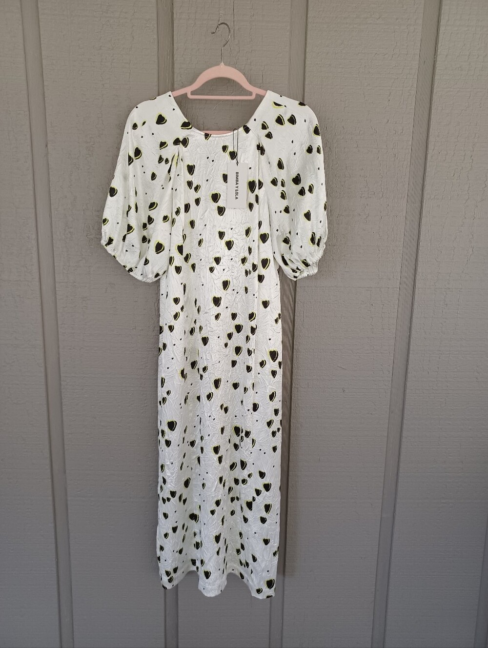 Bimba Y Lola Small Hearts Print Midi Dress Size M Women Textured Tie Back Preppy